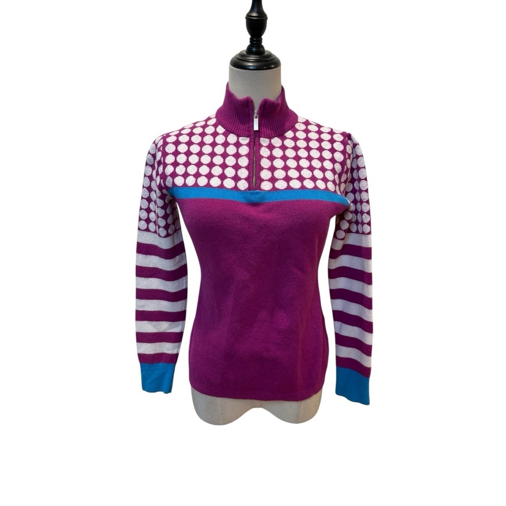 Neve Sweater Women's Quarter Zip Pink Polka Dot Wool Blend Ski‎ Style Preppy